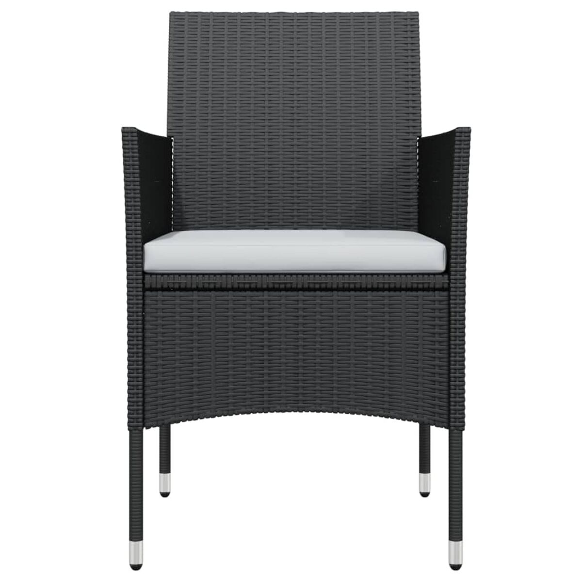 Ein schwarzer Rattan-Stuhl mit einem weißen Kissen.