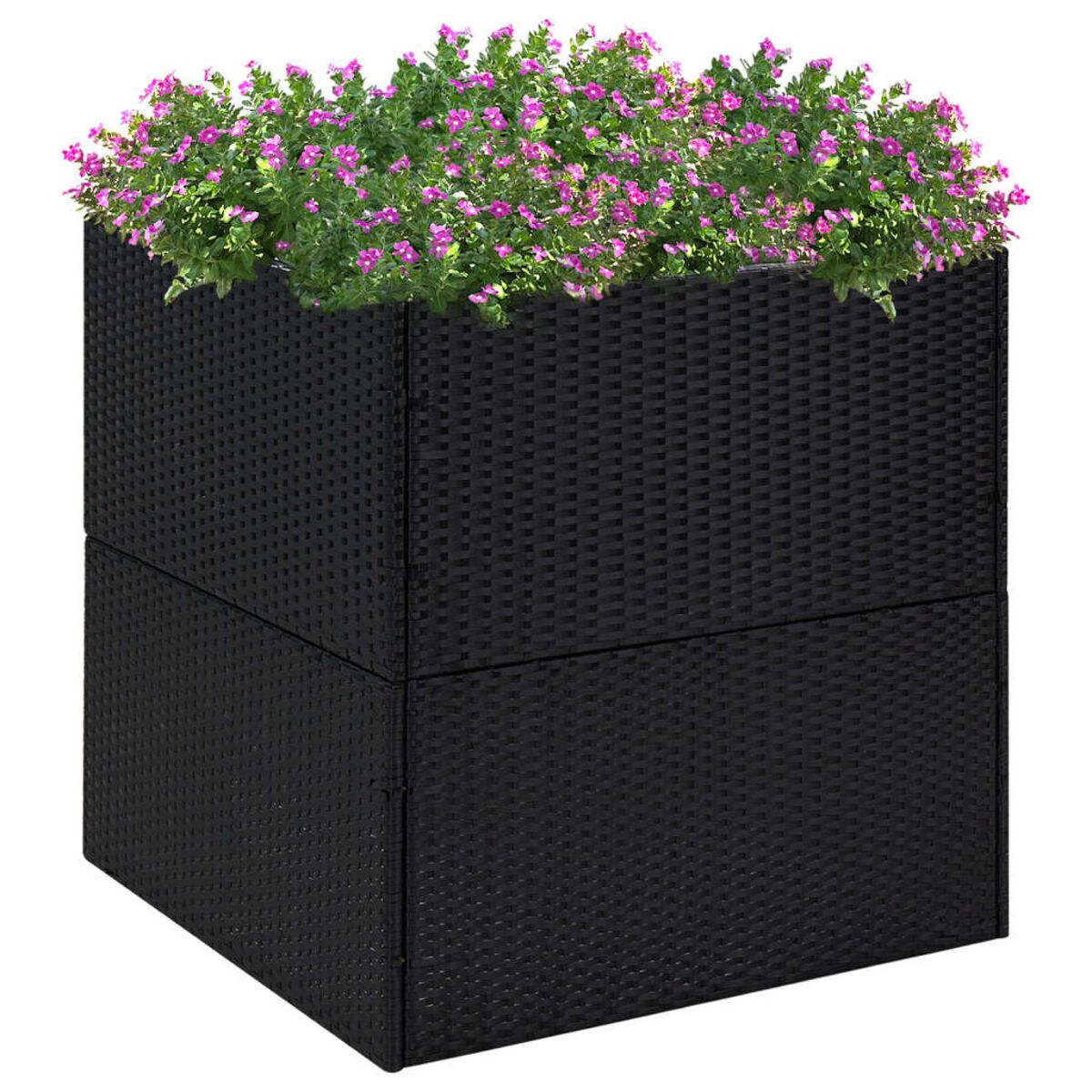 Schwarze, gewebte Pflanzkasten mit rosa Blumen oben. Zwei gestapelte Abschnitte.