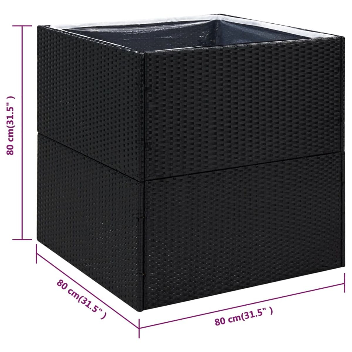 Schwarzer Rattanwürfel mit Abmessungen. Schwarze Innenausstattung. Abmessungen sichtbar.