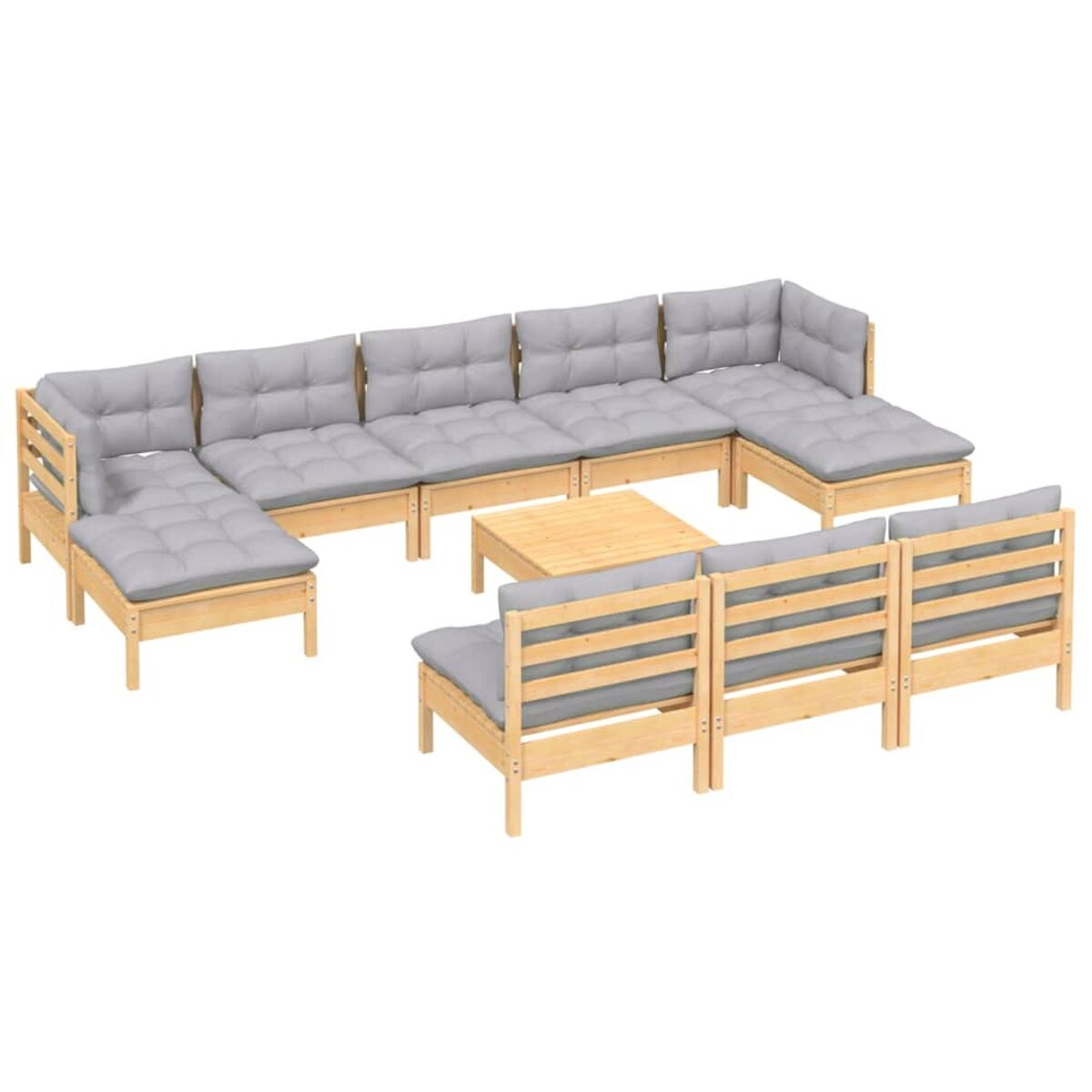 Große Outdoor-Sitzgruppe, heller Holzrahmen mit grauen Kissen, inklusive kleinem Tisch.