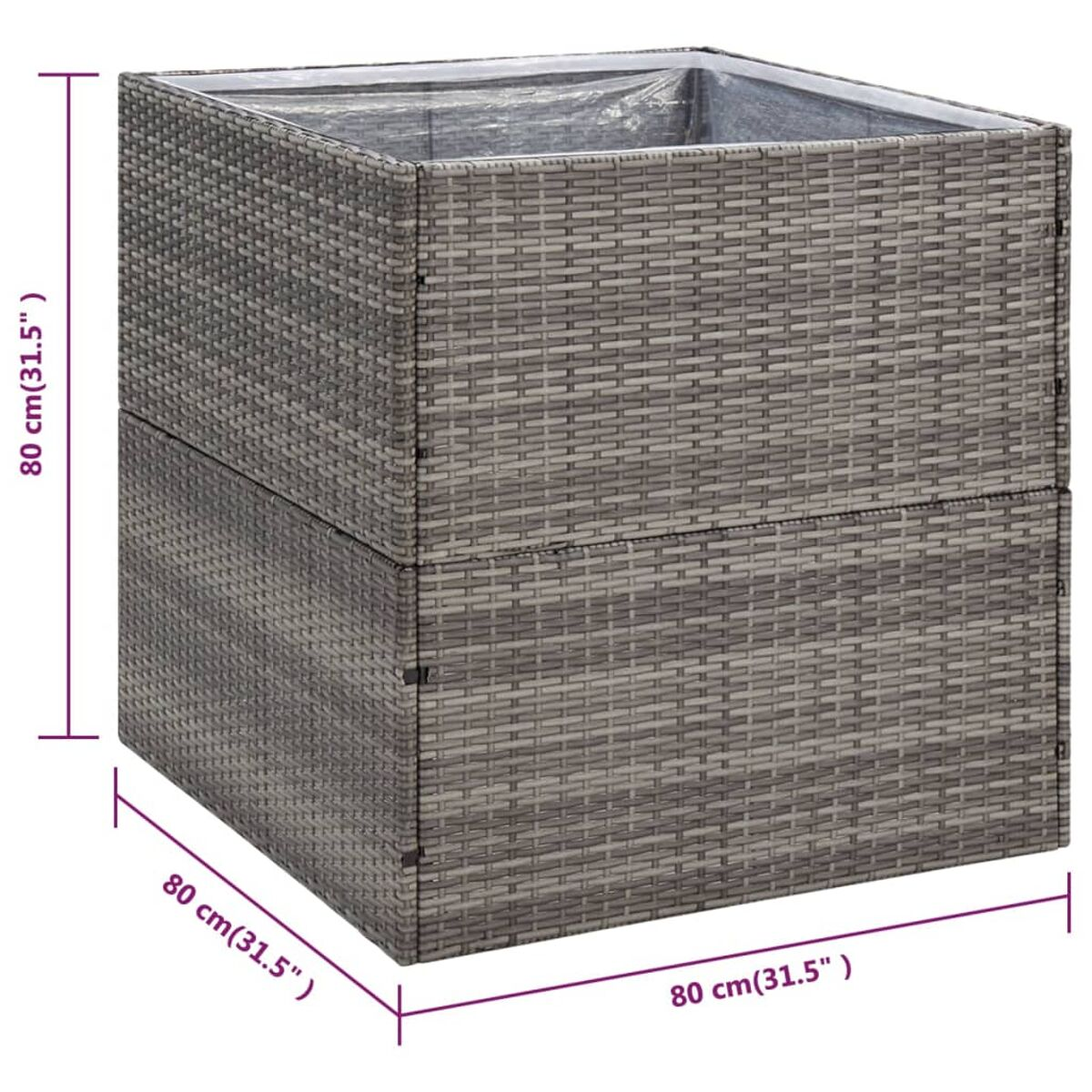 Grauer, quadratischer Pflanzkübel im Rattan-Stil, mit Maßen.