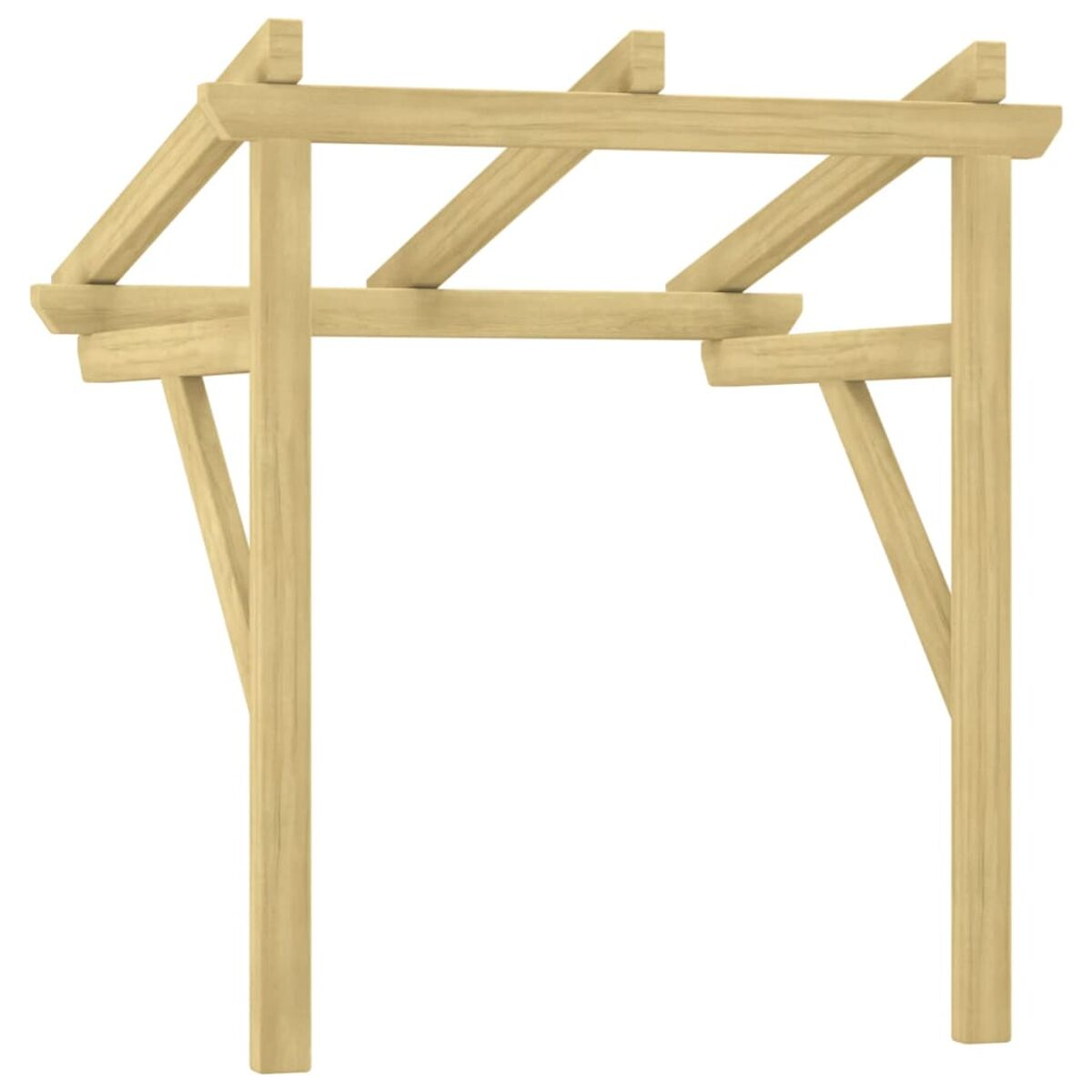 Holz-Pergola-Rahmen. Der Rahmen ist hellbraun, mit vier aufrechten Pfosten und einer Querbalken-Dachkonstruktion.
