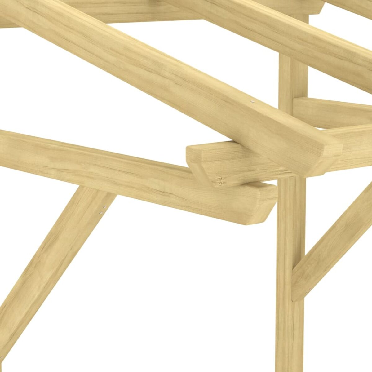 Holzrahmenkonstruktion, abgewinkelte Stützbalken, weißer Hintergrund.