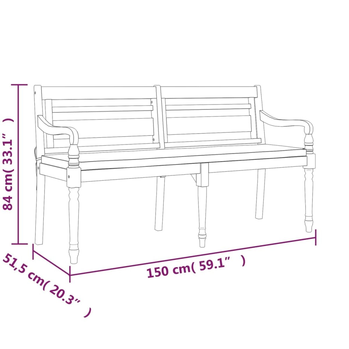 Strichzeichnung einer Holzbank mit Maßen. Die Bank ist 150 cm lang und 84 cm hoch.