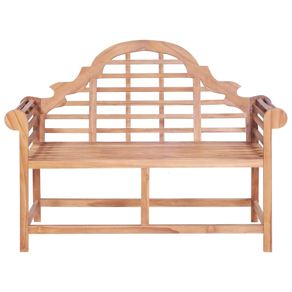 Holzbank mit dekorativer Rückenlehne, mit Lattenrost und Armlehnen.