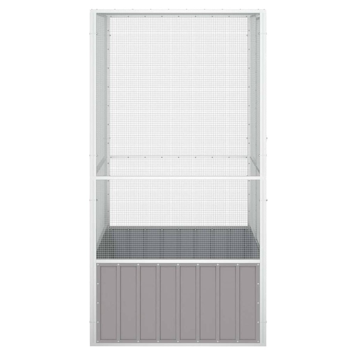 Hoher, weiß-grauer Käfig. Metallgitter und graue Basis. Ideal für Vögel.