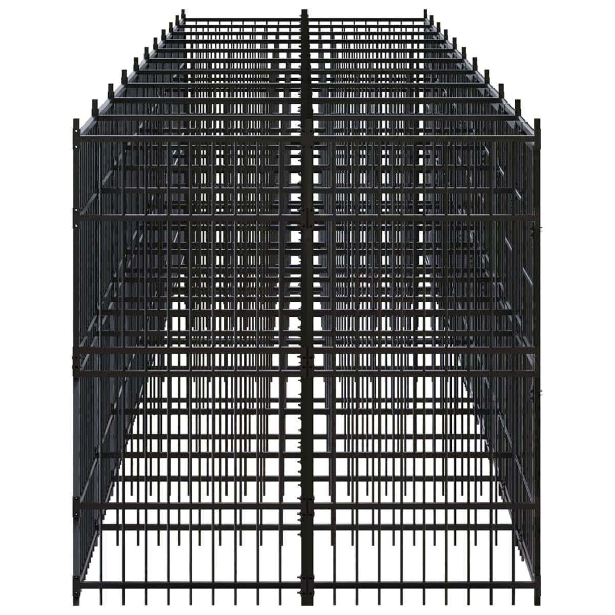 Schwarze Metallkäfigstruktur, von oben betrachtet. Vertikale und horizontale Stäbe bilden ein Gitter.