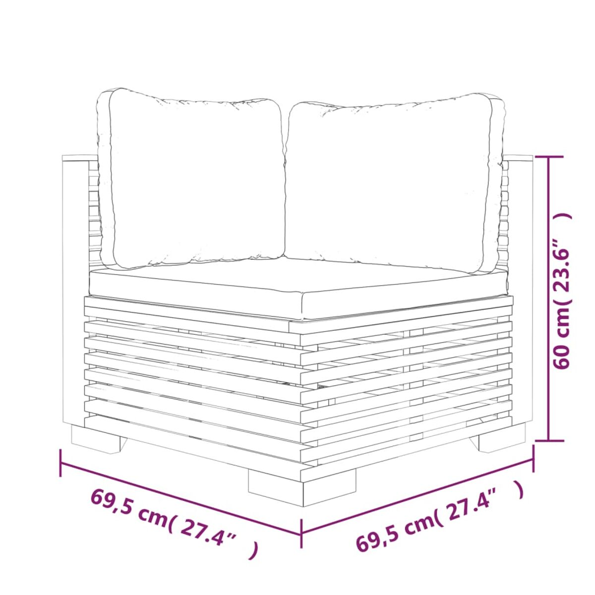 Ein weißes Ecksofa mit Abmessungen in Zentimetern.