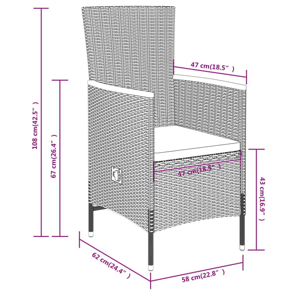 Korbstuhl mit Maßen: 108x62x58cm, Sitz 47x47cm.