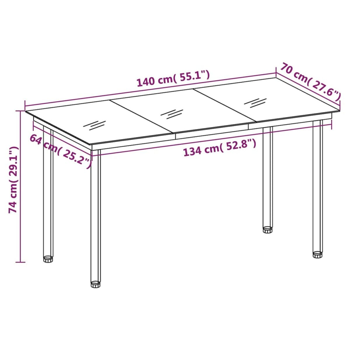 Ein Diagramm eines rechteckigen Tisches mit beschrifteten Abmessungen. Der Tisch ist weiß.