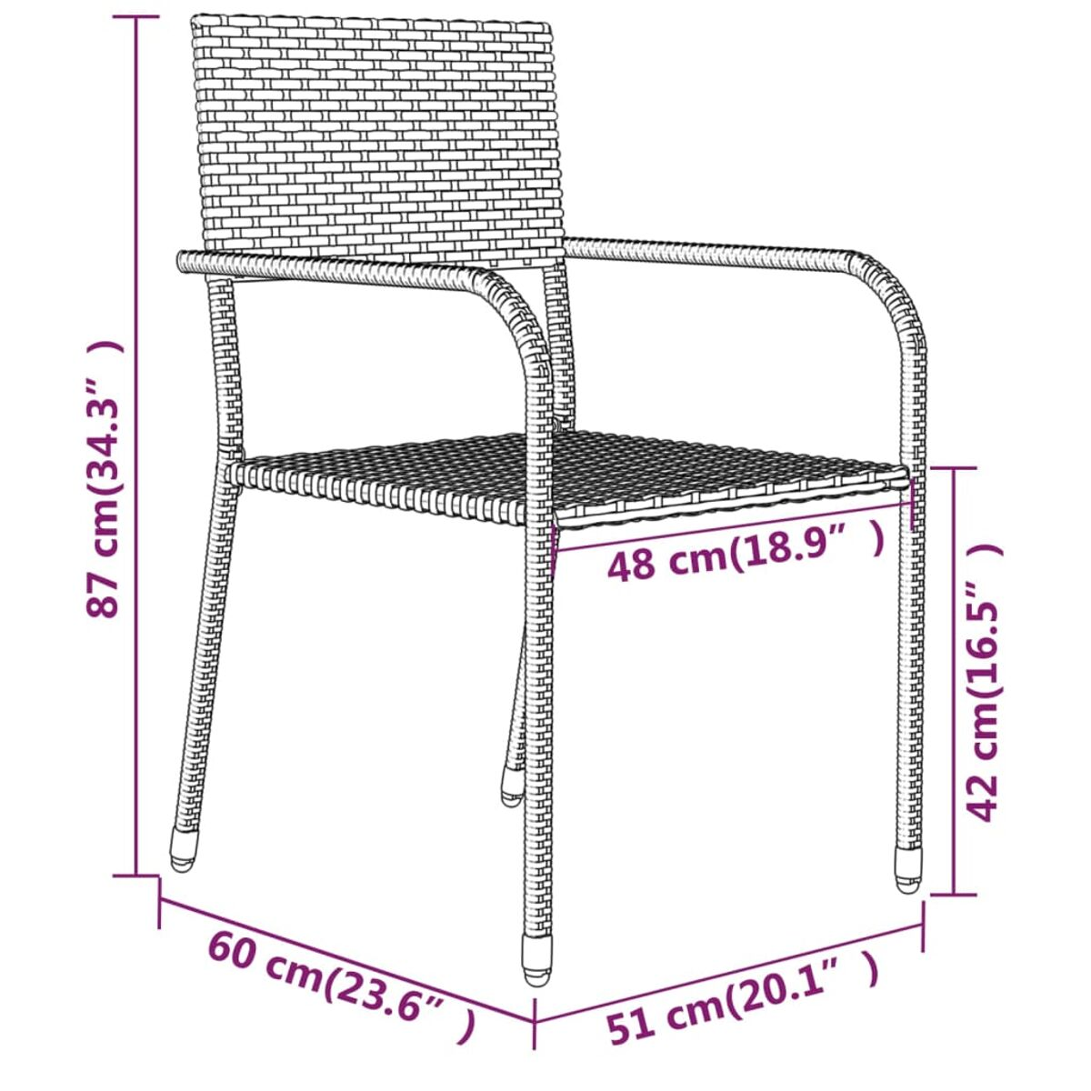 Korbstuhl mit Abmessungen. Grauer Rahmen mit Sitz und Rückenlehne aus Korbgeflecht. Maße in cm und Zoll.