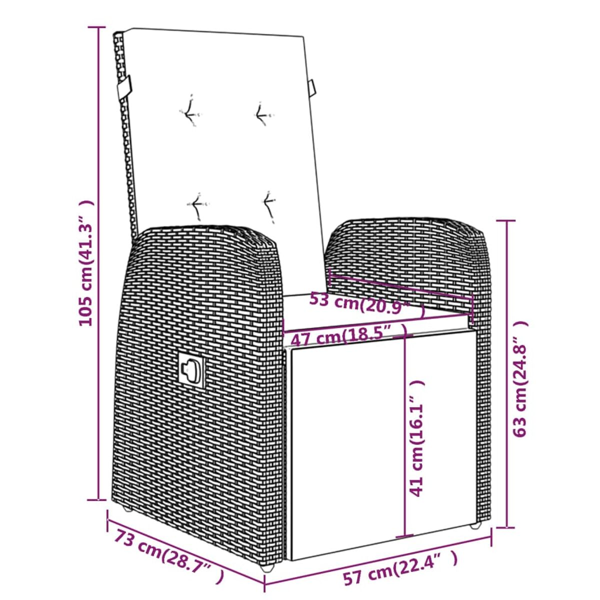 Diagramm des schwarzen Korbsessels mit Abmessungen in cm und Zoll. Detaillierte technische Zeichnung.