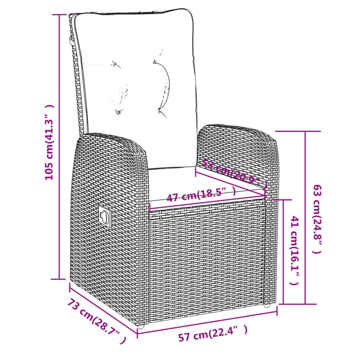 Rattan-Stuhl mit überlagerten Abmessungen, Maße in Zentimetern mit Beschriftungen.