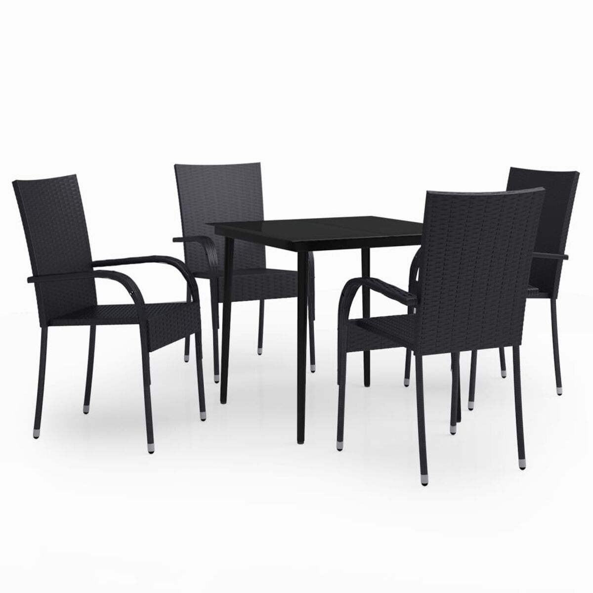Schwarzes Ess-Set für draußen. Quadratischer Tisch und vier Stühle. Gewebtes Design.