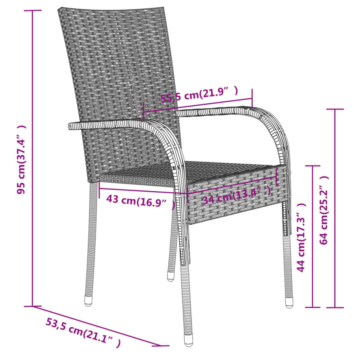 Ein Rattanstuhl mit Armlehnen. Abmessungen sind mit Maßen in cm und Zoll gekennzeichnet.