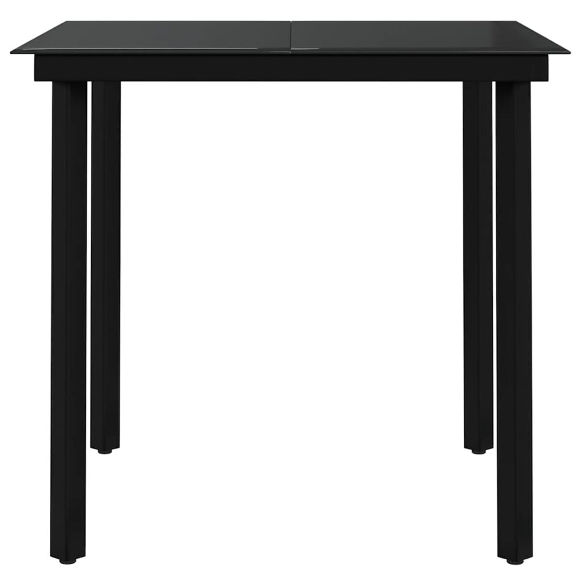 Schwarzer Tisch mit Glasplatte und Metallbeinen, weißer Hintergrund.