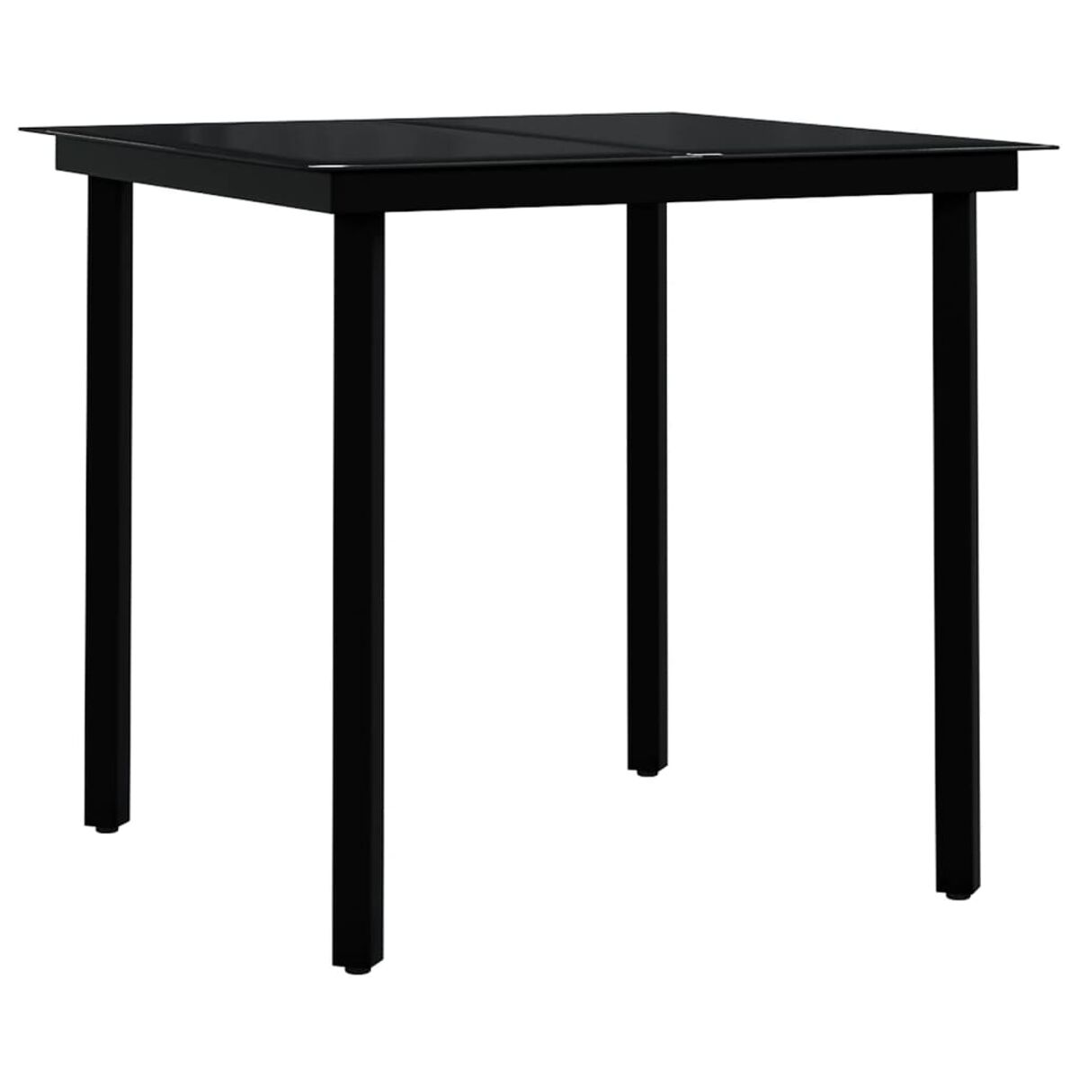 Ein schwarzer quadratischer Tisch mit vier Beinen. Das Design ist einfach und modern.