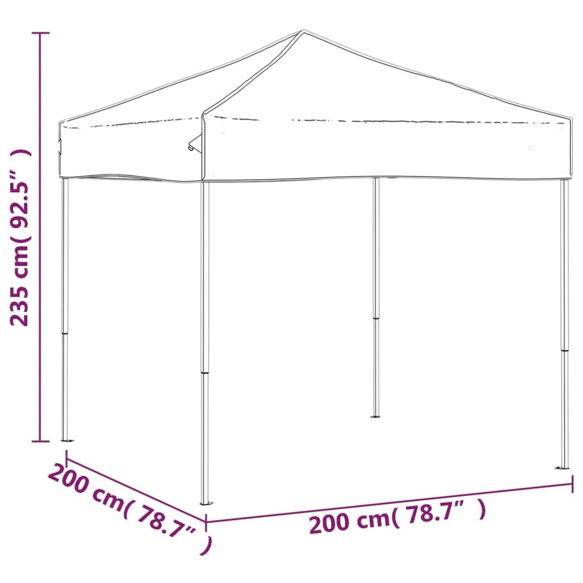 Weißes Pavillon-Zelt mit Maßangaben, vor weißem Hintergrund.