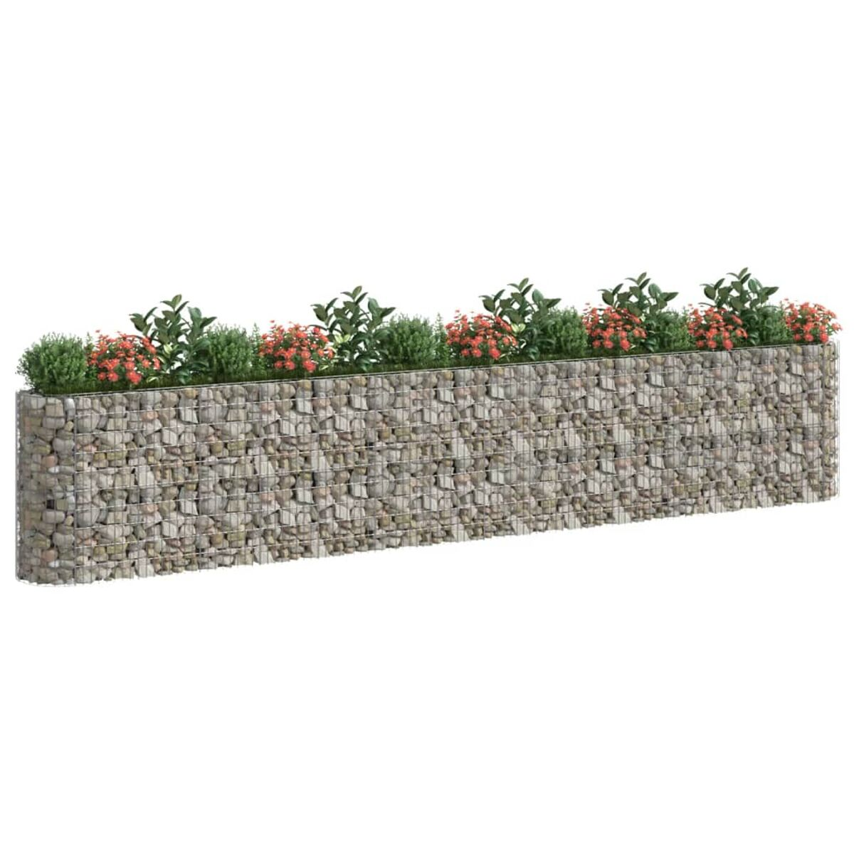 Langer Steinpflanzer gefüllt mit Pflanzen und Blumen.