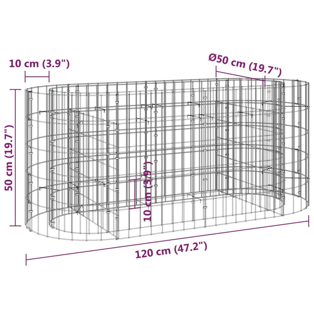 Ein oval geformter Gabionenkorb mit Maßangaben in cm und Zoll, vor weißem Hintergrund.