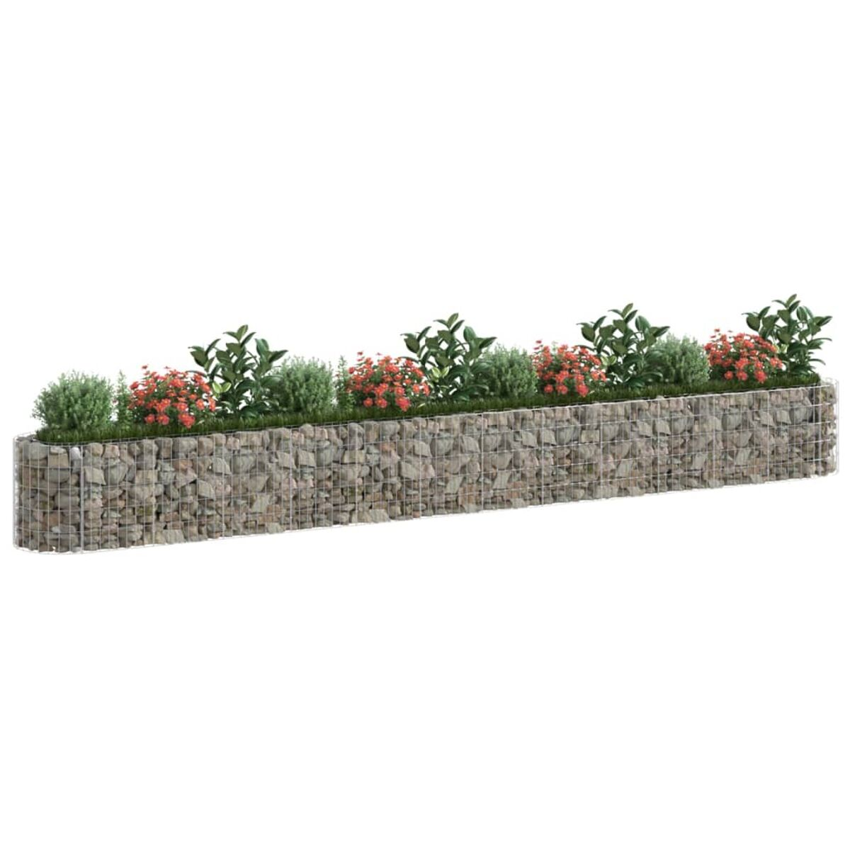 Langer Steingarten mit Pflanzen und roten Blumen. Pflanzen sind ordentlich ausgerichtet.