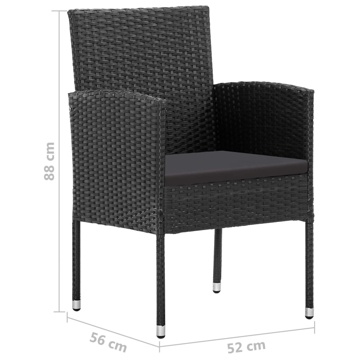 Sedia in vimini nero con braccioli, cuscino grigio, dimensioni in cm su sfondo bianco.