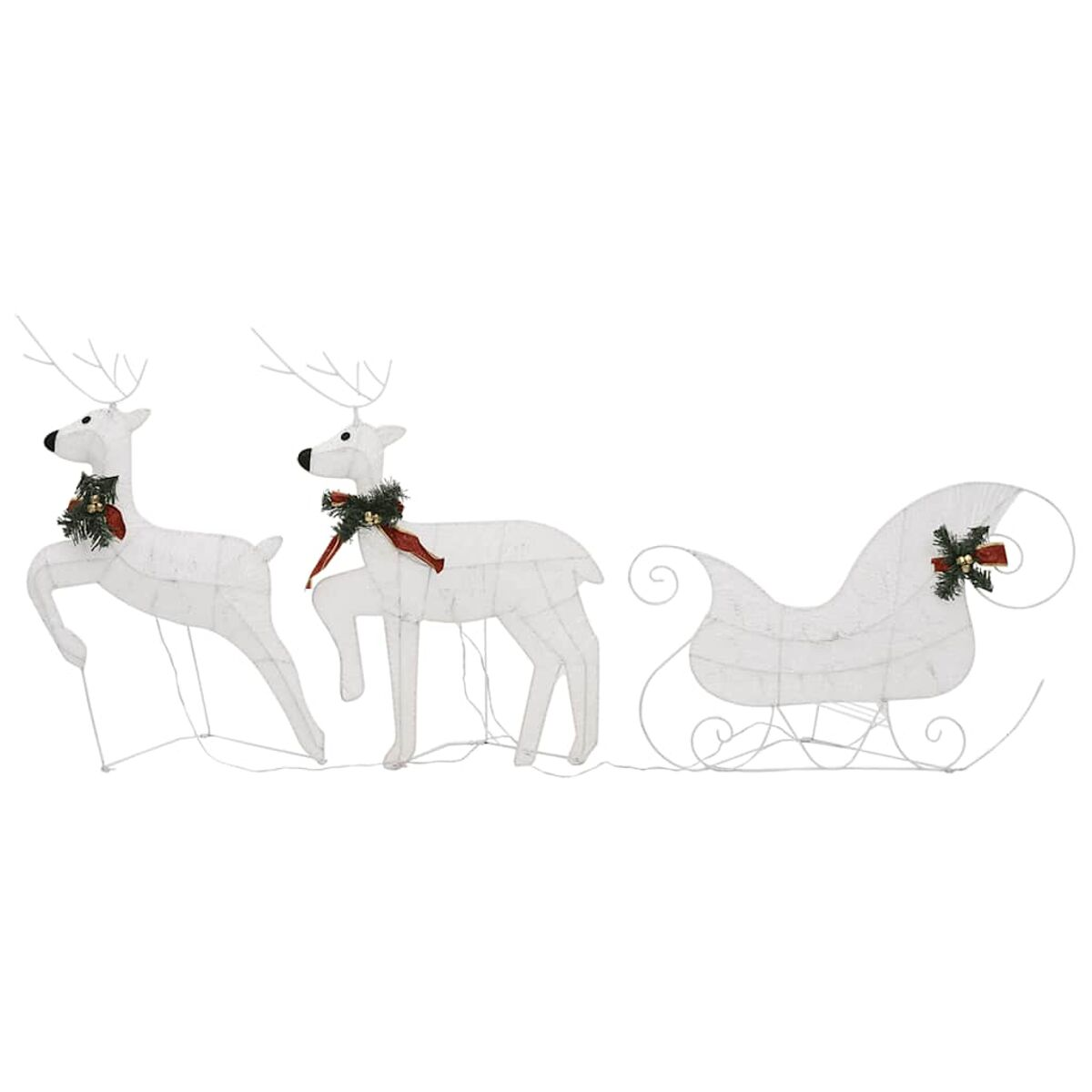 Weiße Rentier- und Schlitten-Weihnachtsdekoration. Drahtrahmenstil, festlich, Feiertagsaufbau.