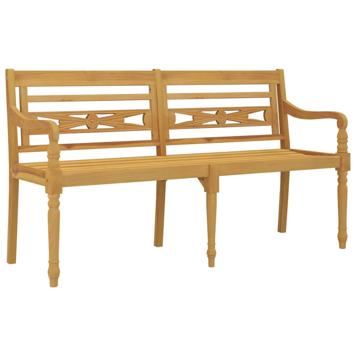 Holzbank mit dekorativer Rückenlehne. Sie hat Armlehnen und vier Beine.