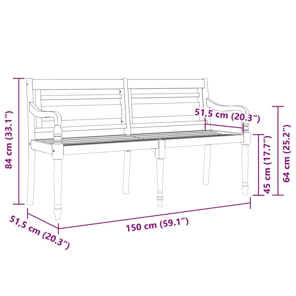 Holzbank mit Maßen: 150 cm, 84 cm, 51,5 cm und 45 cm. Weißer Hintergrund.
