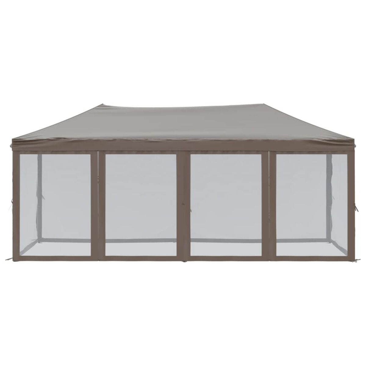 Ein Pavillon mit braunem Dach und transparenten Seitenteilen. Von vorne gesehen.
