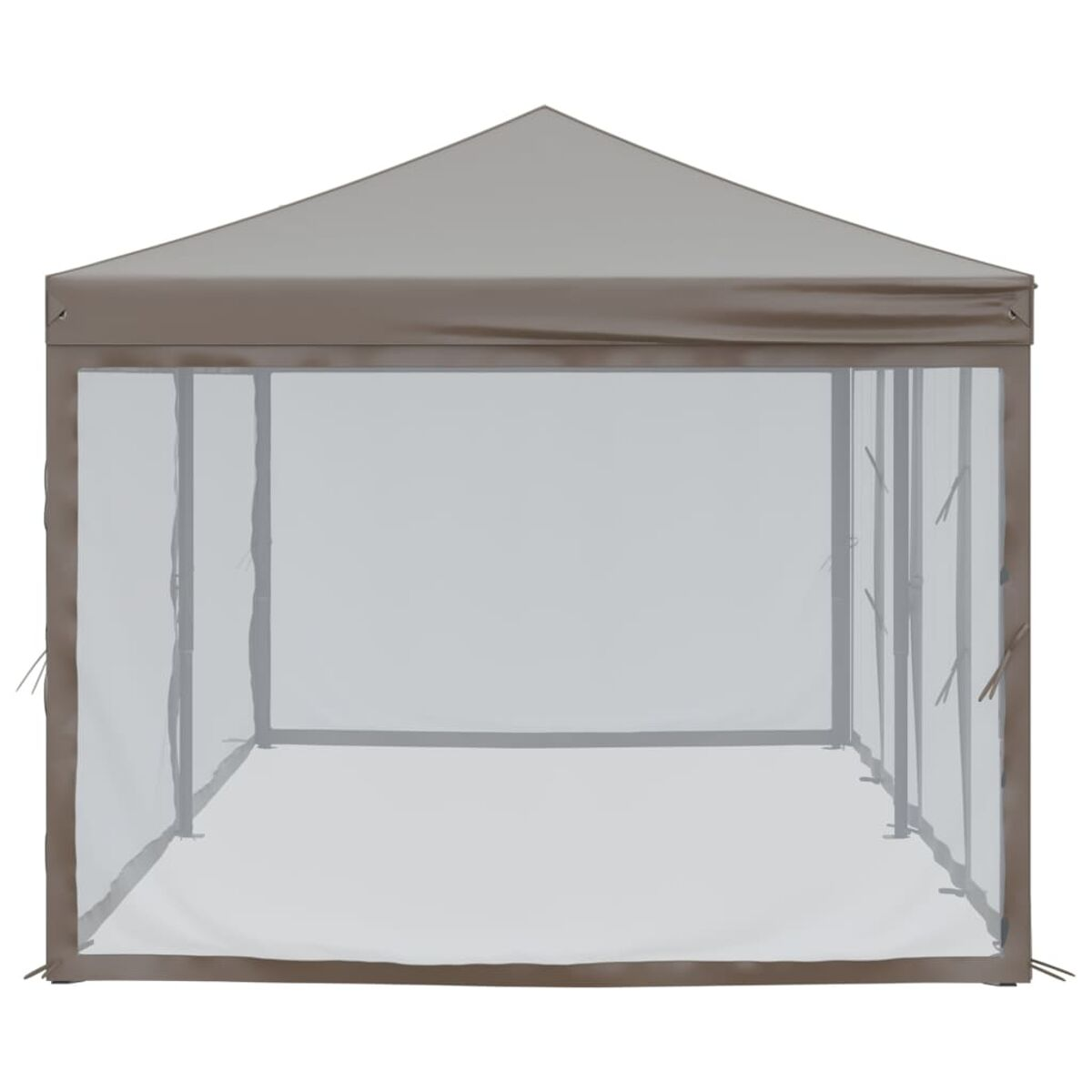 Ein beigefarbener Pop-up-Pavillon mit Netzseiten und einem braunen Dach, vor weißem Hintergrund.