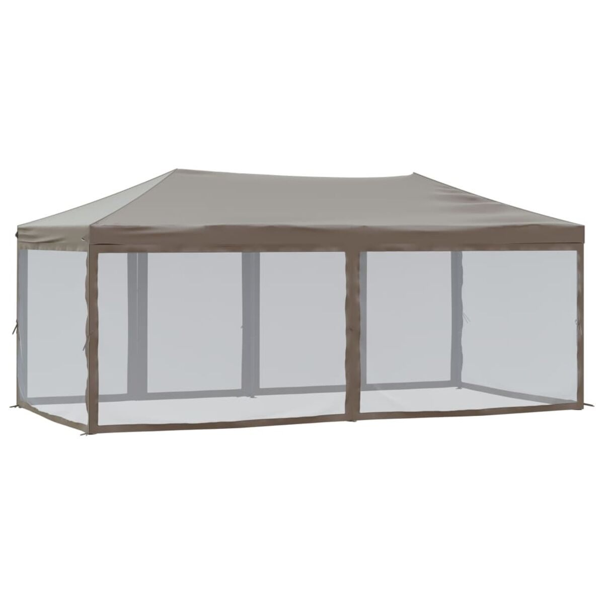 Beiger Outdoor-Pavillon. Transparente Netzseiten und ein beiges Dach. Der Pavillon ist rechteckig.
