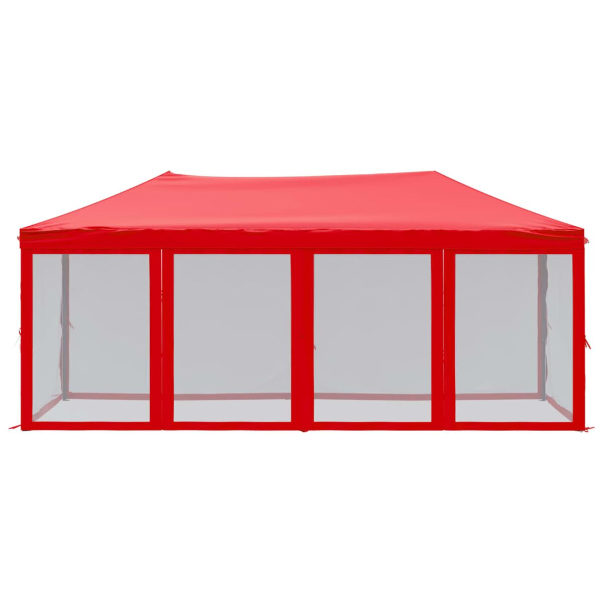 Rotes Pop-up-Zelt mit transparenten Seiten und rotem Dach. Weißer Hintergrund.