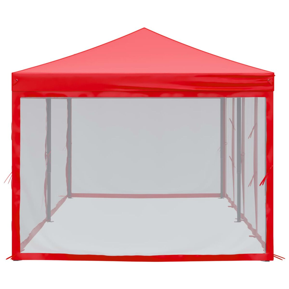 Rotes Vordachzelt. Rotes Dach, weiße Netzwerkwände und schwarze Stützpfosten.