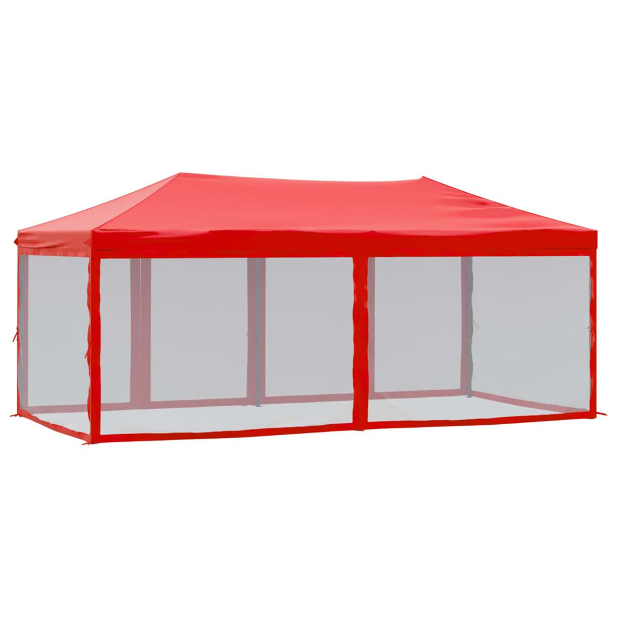 Ein rotes Pop-up-Zelt mit transparenten Wänden. Das Zelt ist rechteckig und hat ein rotes Dach.