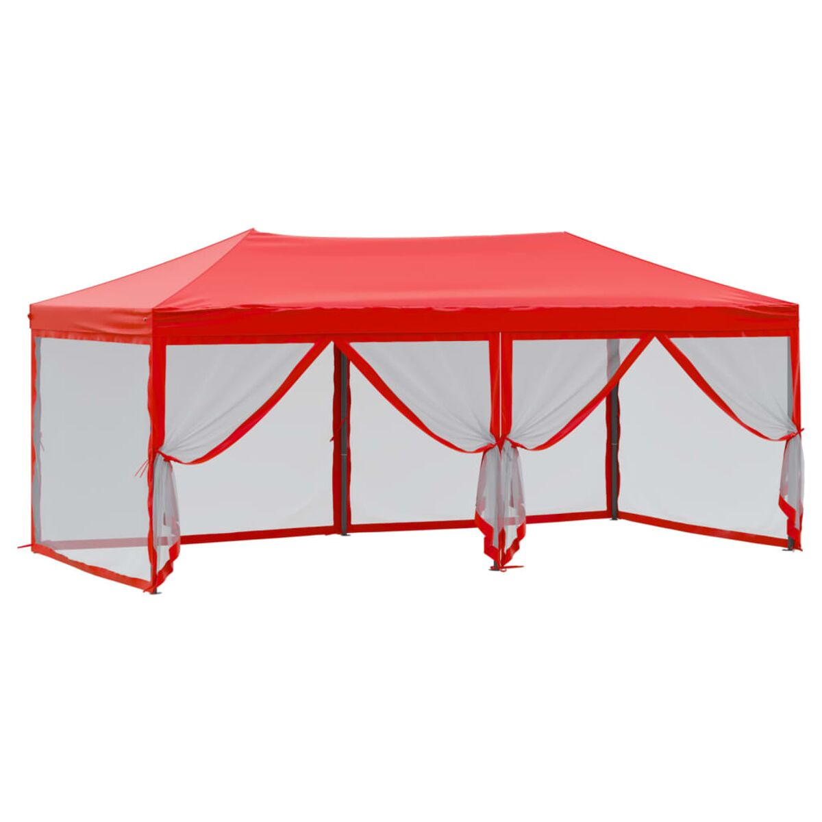 Roter und weißer Outdoor-Pavillon. Es hat weiße Vorhänge und ist seitlich offen.
