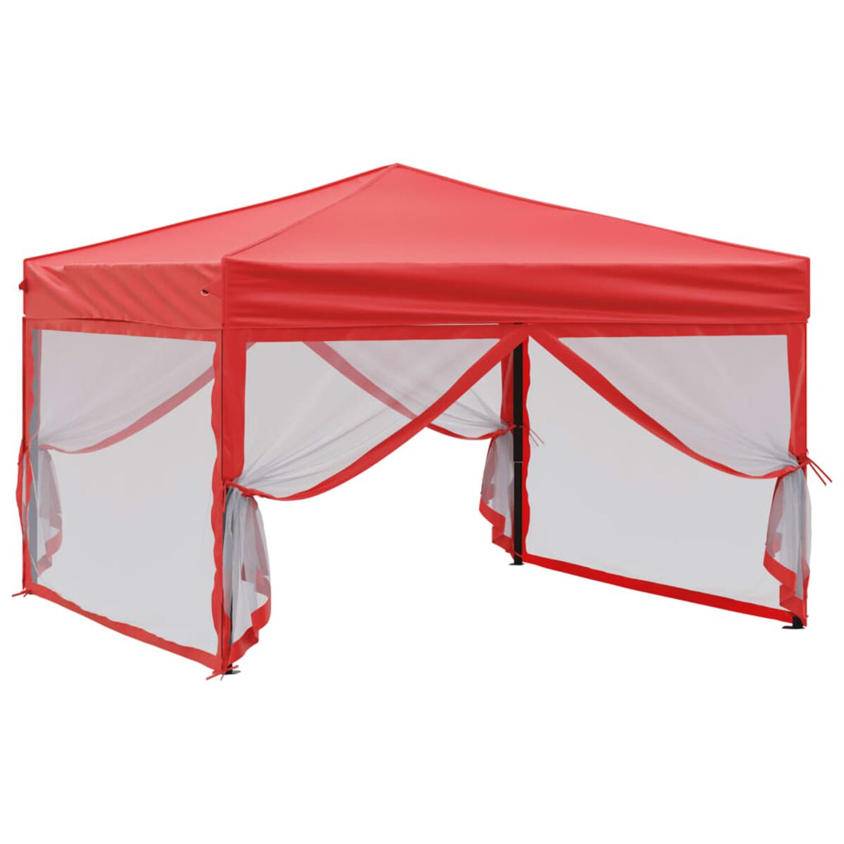 Ein rotes Pop-up-Zelt mit weißen Mesh-Seiten und rotem Besatz, im Freien aufgebaut.