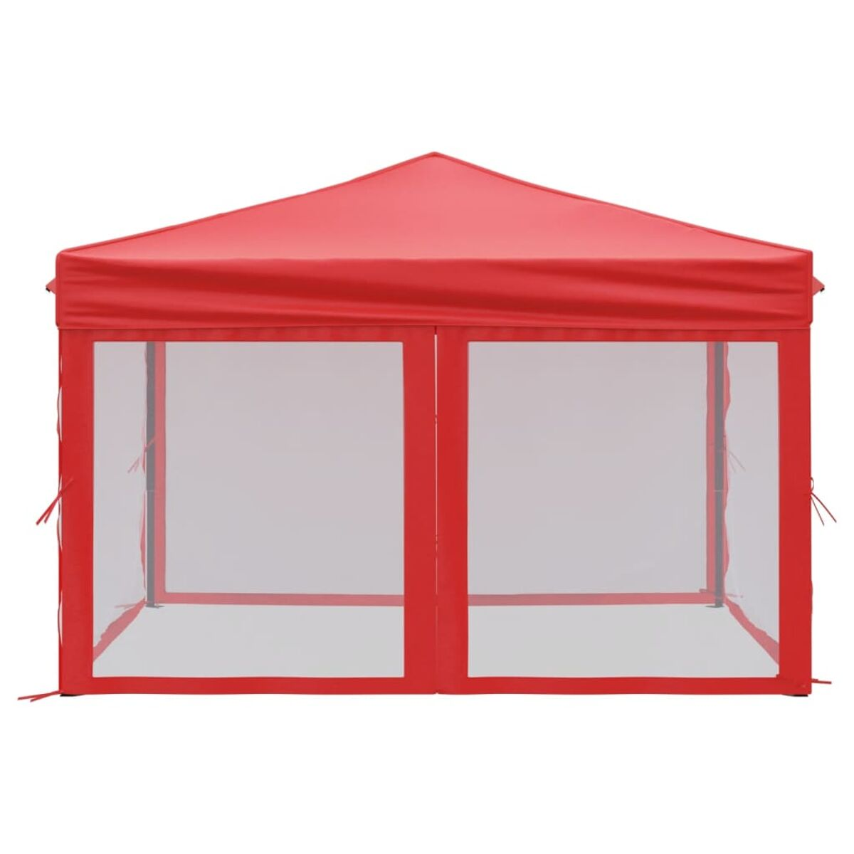 Rotes Zelt. Rechteckige Form mit spitzem Dach. Klare Kunststofffenster.