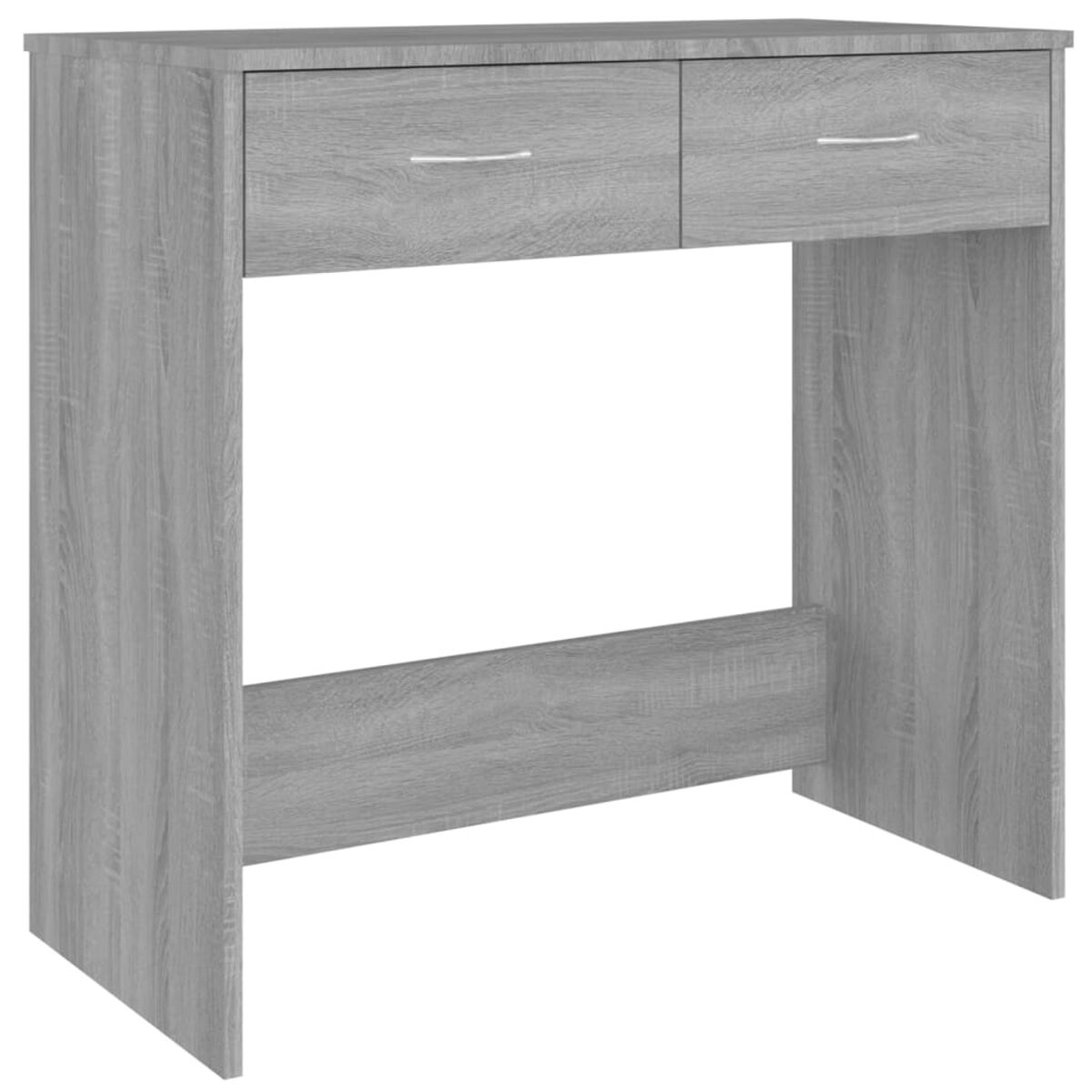 Ein grau lackierter Schminktisch aus Holz mit zwei Schubladen und einem unteren Stützbalken.