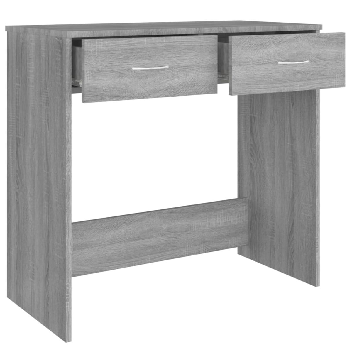 Ein grauer Holzschreibtisch mit zwei offenen Schubladen, Innenansicht, isoliert.