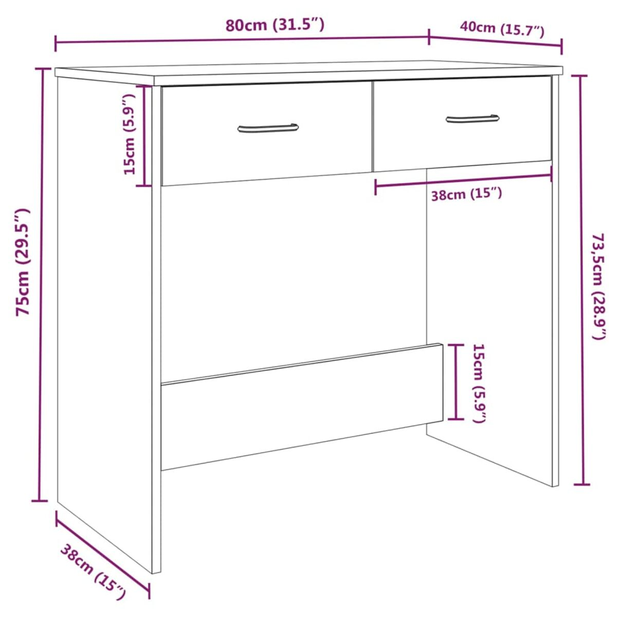 Weißer Holzschrank mit zwei Schubladen und einem Regal. Maße: 75x80x38cm. Abmessungen angezeigt.