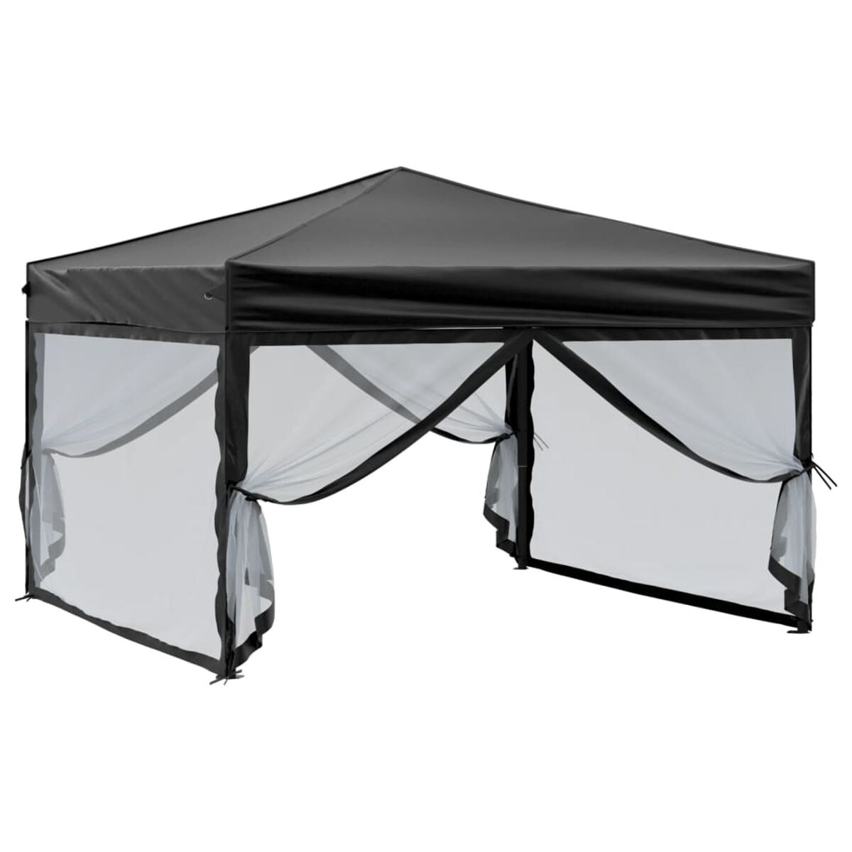 Schwarz-weißer Pavillon mit weißen Netzseitenwänden und einem schwarzen Dach. Es hat Bindungen.