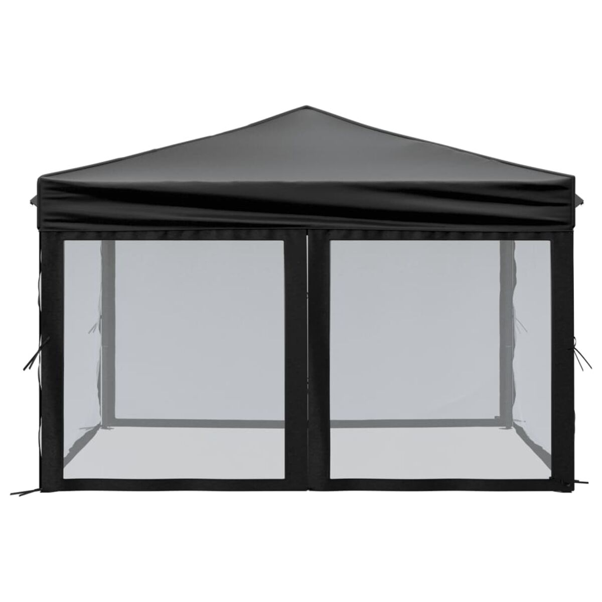Schwarzer Outdoor-Pavillon mit transparenten Seitenteilen. Weißer Hintergrund.