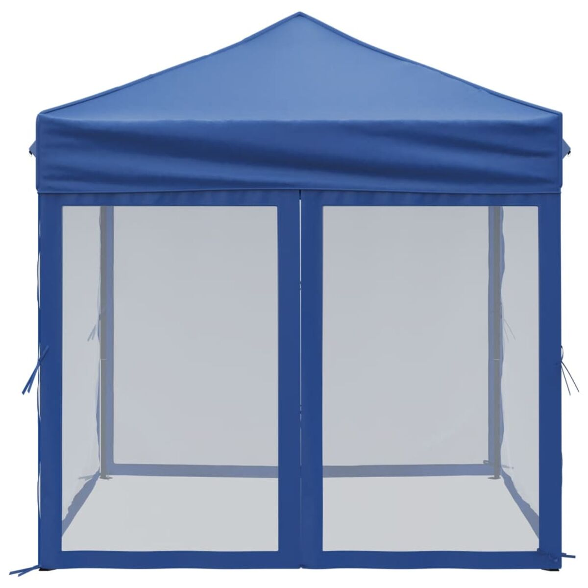 Blauer Outdoor-Pavillon mit transparenten Seiten und einem Spitzdach, auf weißem Hintergrund.