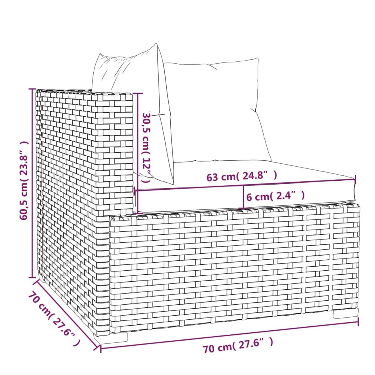 Geflochtene Gartenmöbel. Ein Ecksofa mit Kissen. Abmessungen mit Etiketten sind sichtbar.