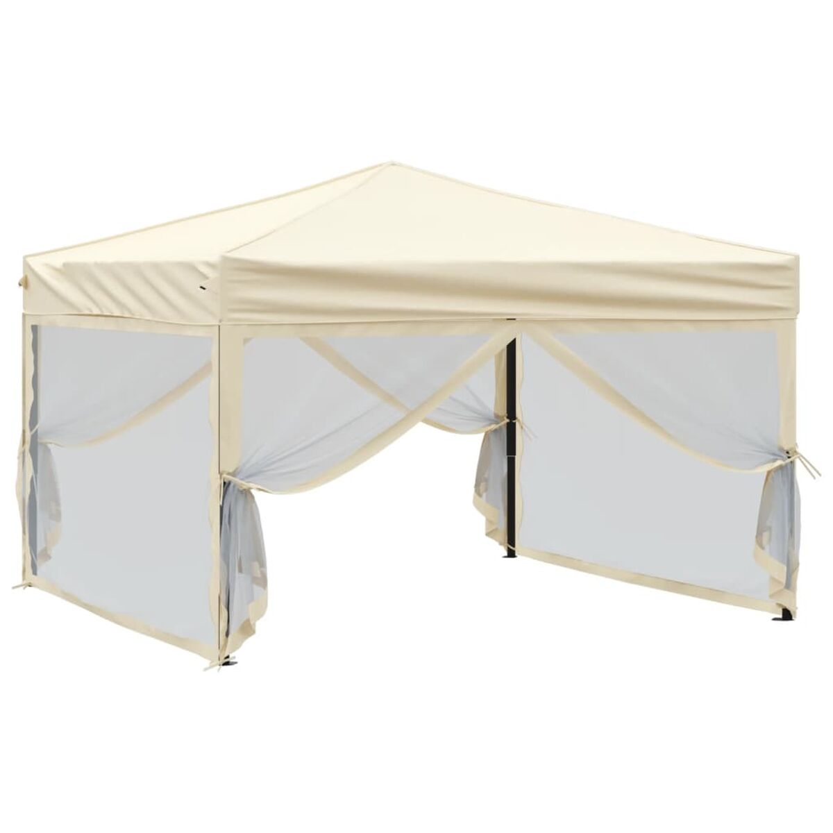 Beige Pop-up-Pavillon mit Netzseiten. Offener Eingang. Weißer Hintergrund.