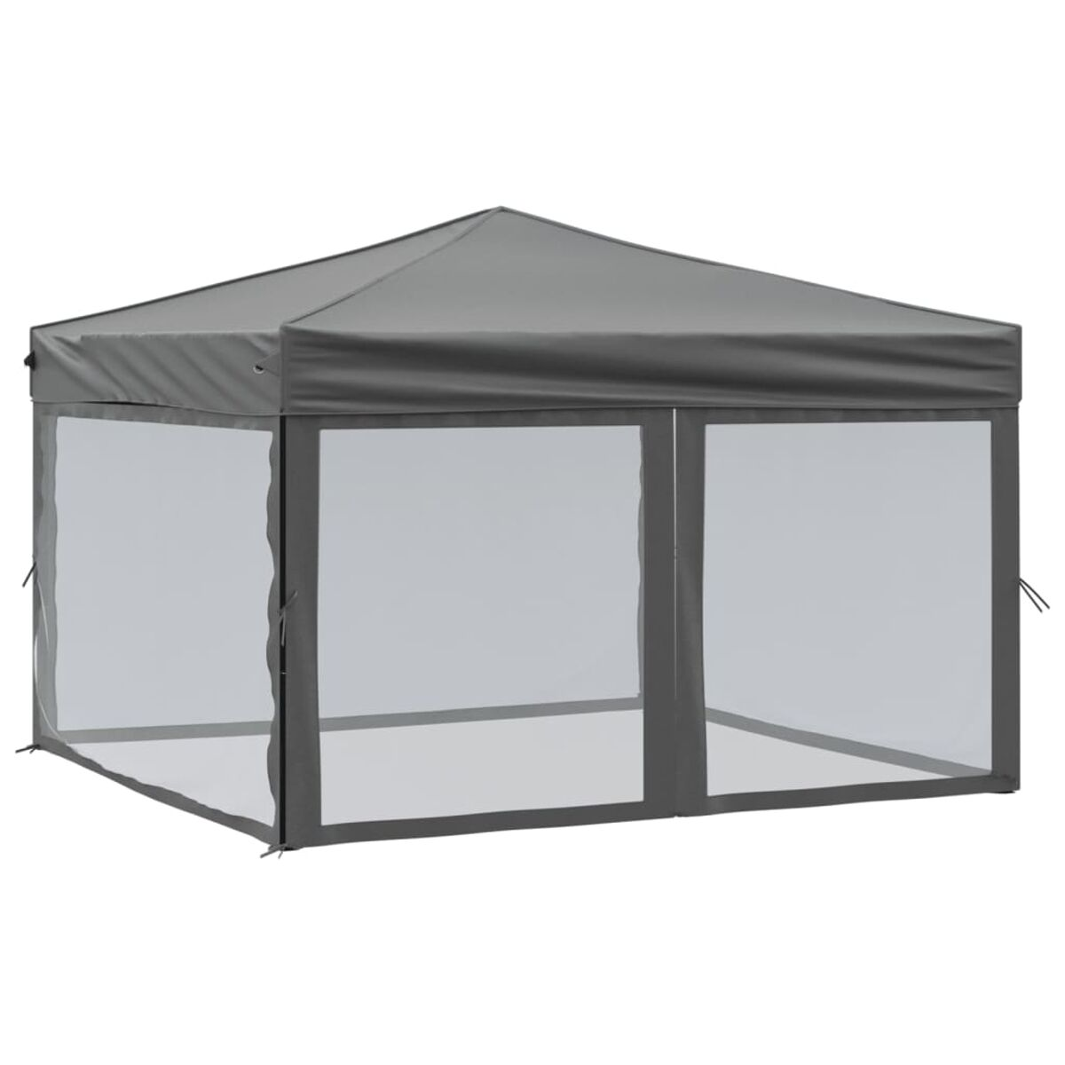 Ein grauer, rechteckiger Pavillon mit durchsichtigen Seiten. Das Dach ist spitz zulaufend.