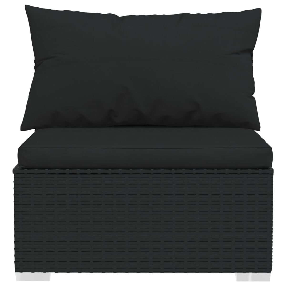 Schwarzes, gepolstertes Outdoor-Sofa mit Kissen. Schwarzes Weidenmaterial.