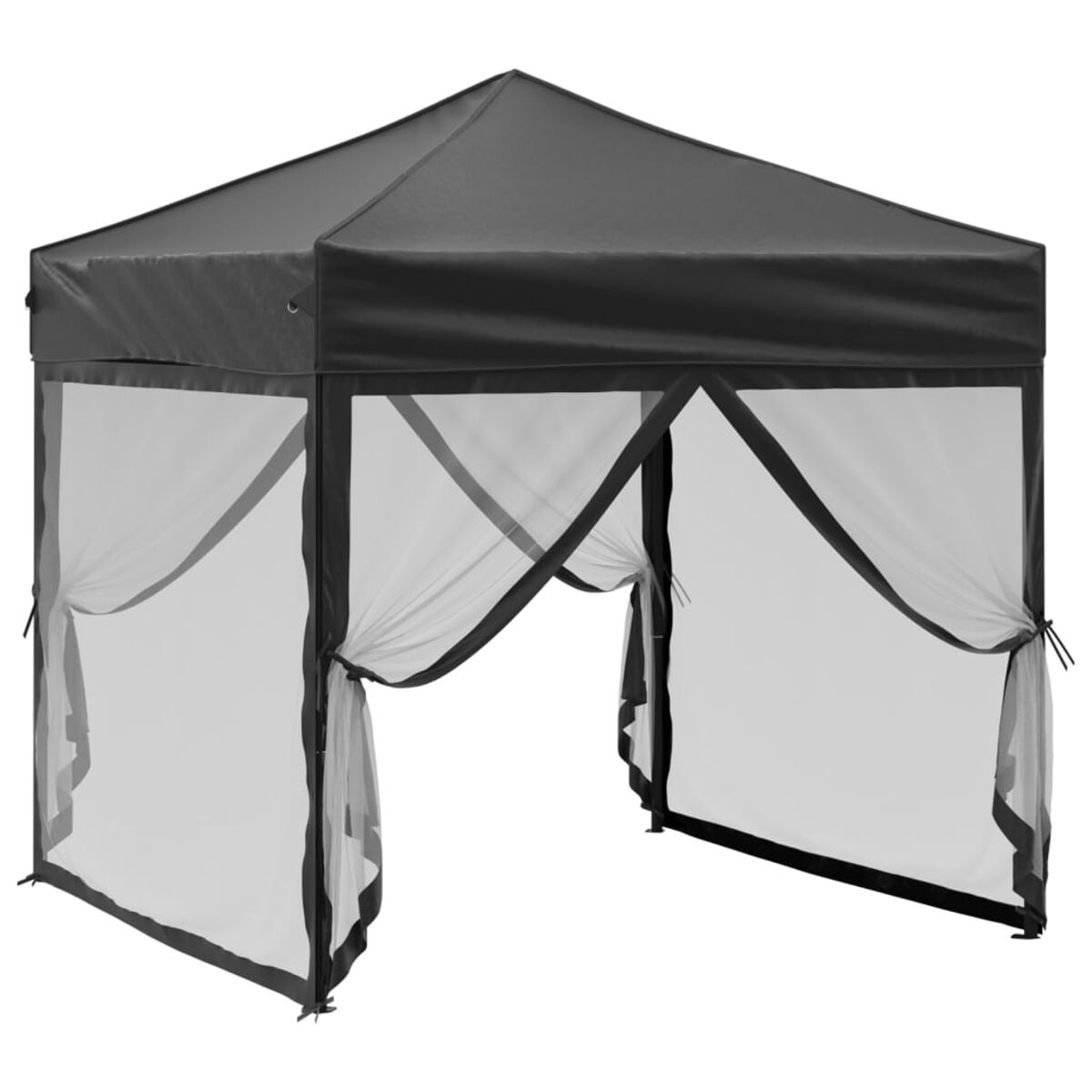 Schwarzer Outdoor-Pavillon, transparente Netzseiten, schwarzes Dach. Der Pavillon ist sechseckig.