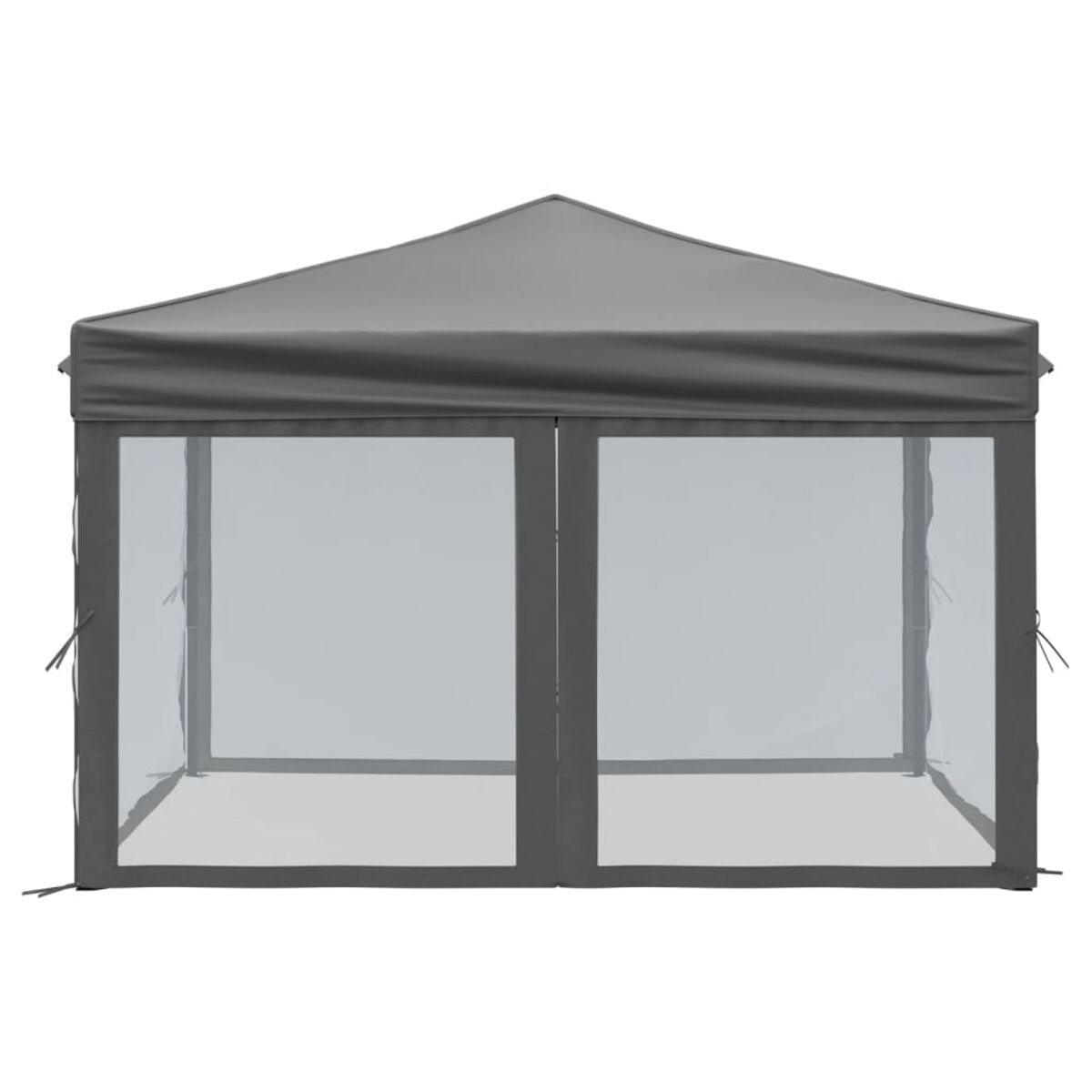 Grauer Outdoor-Pavillon mit transparenten Seitenteilen. Weißer Hintergrund.